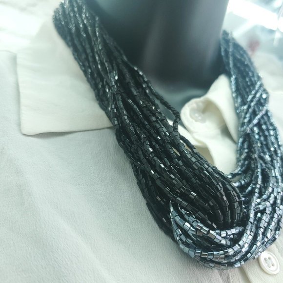 Womens Black Metallic Gray Beaded Twisted Multi Strands Statement Necklace - Picture 3 of 10